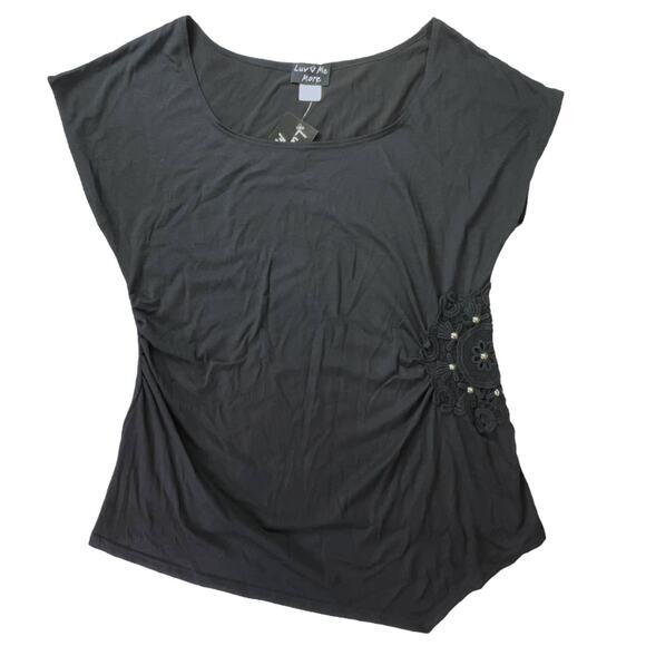 Luv Me More Asymmetrical Scoop Neck Tee Shirt Top Embellished Plus Size 1X Black - Picture 3 of 12